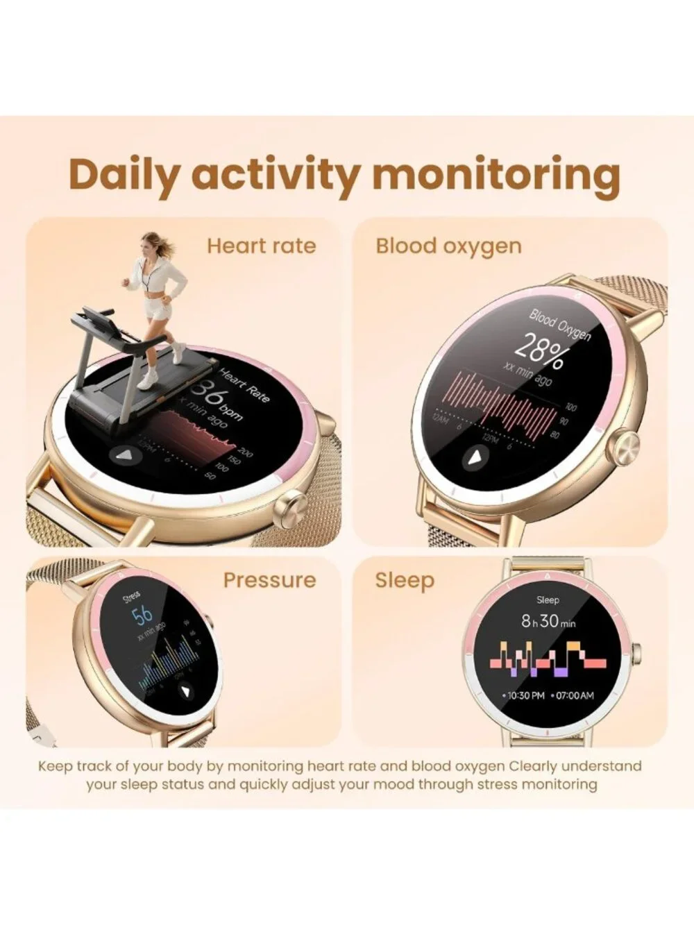 Stylish Smart Watch for Women, Fitness Tracker with Call & Text Alerts